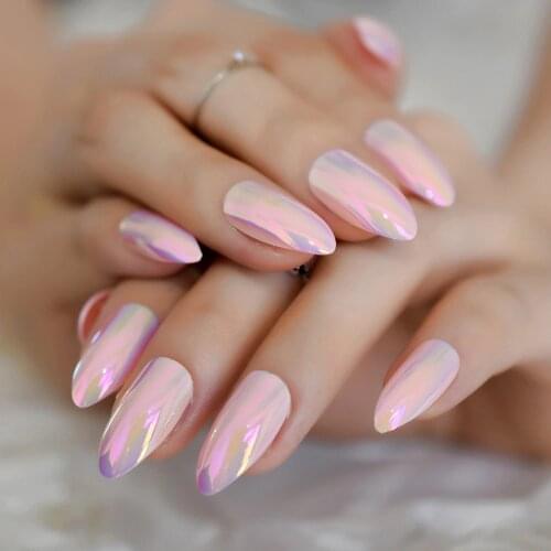 Medium Stiletto False Nails Pink Thanksgiving Nail Art Holographic Chrome Metal Tips with Glue Sticker