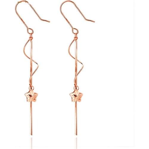Real AU750 Rose Gold Star Dangle Earrings Women Dangle Earrings