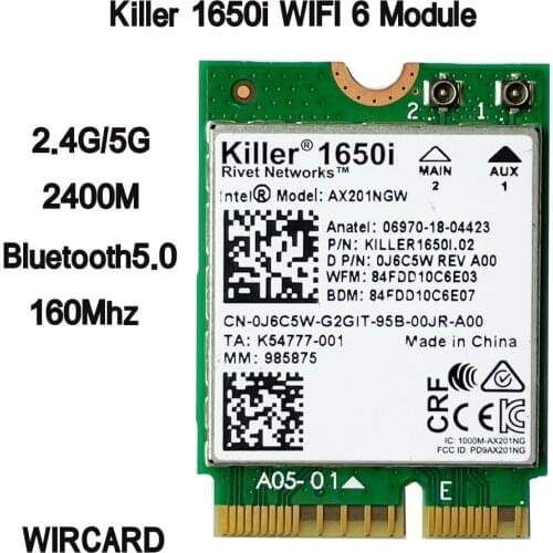 Killer 1650i AC Dual Band 2.4Gbps Wireless AX201 Wifi6 Card AX201NGW 802.11AX/A/B/G/N Bluetooth 5.0 Laptop for Windows 10