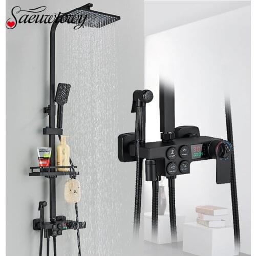 Matte Black 4 Functions Display Screen Shower Faucet Bathroom Rotate Bath Tub Bidet Shower Push Button Rainfall Head Mixer Tap