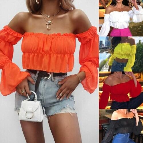 Sexy Women Casual Boho Off Shoulder Shirt Summer Crop Tops white chiffon shirt trumpet sleeves female harajuku Elegant Blouse