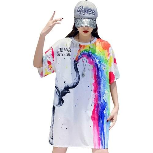 Jospoo Plus Size Women Tshirt New Elephant Letter Rainbow Color T Shirt Mesh Shirt Mid Length Ice Silk Quick Drying Base Shirts