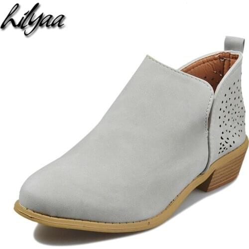 Woman Ankle Boots Flock Low Square Heels Slip-On Round Toe Solid Female Casual Shoes Loafers Big Size Women Booties botas 2020