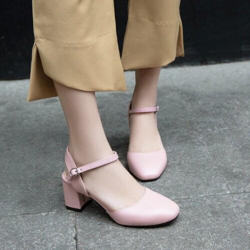 Big Size ladies high heels women shoes woman pumps Square-headed buckled thick-heeled womens shoes