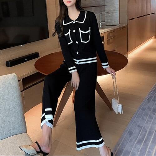 SMTHMA 2021 Autumn And Winter New Arrival Women Vintage Elegant Sweater + 2pcs Fashion Set Casual Knit Wide Leg Pants Suit