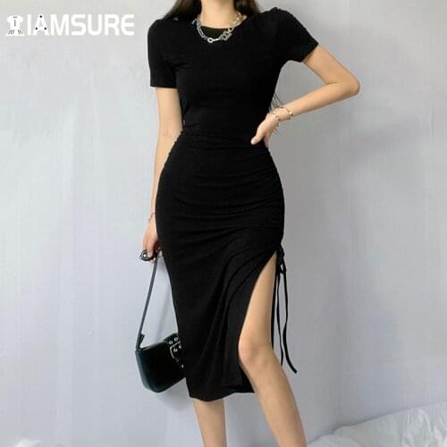 IAMSURE Drawstring Split Slim Summer Dress Elegant Fashion Sexy O-Neck Short Sleeve Midi Dresses For Women 2021 Casual Ladies