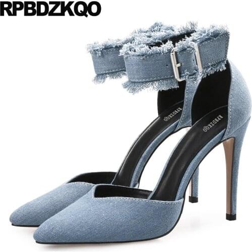 10 42 Elegant Denim Footwear Summer Pointed Toe High Heels Size 4 34 Sexy Ankle Strap 11 43 Plus Fashion New Light Blue Women
