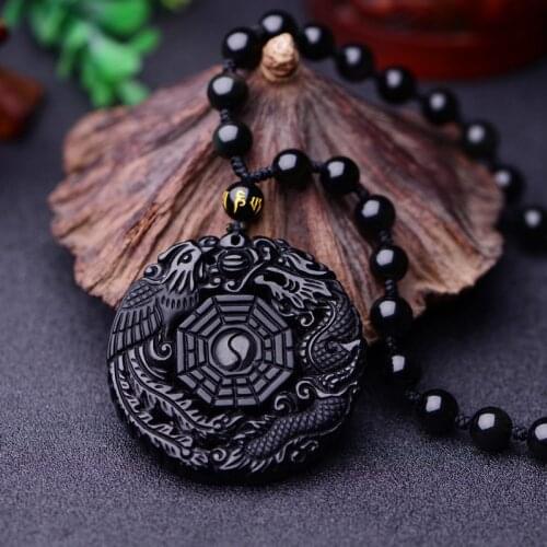 100% natural Obsidian dragon-phoenix Eight-Diagrams Jade Pendant Jewelry Fine Jewelry Obsidian lucrative Pendant Necklace