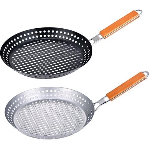12'' Flat Barbecue Grill Pan Wooden Handle Grill Topper with Holes Fish Camping BBQ Pans Trays Pancake Skillet Plate