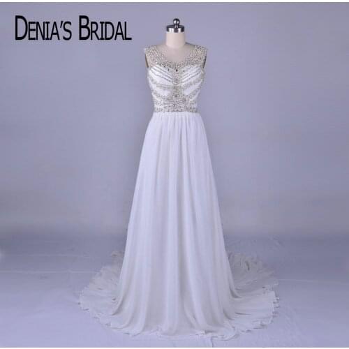 2018 Real Image Beaded Wedding Dresses with Bow A Line Court Train Chiffon Bridal Gowns