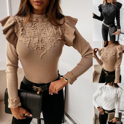 2021 Autumn Winter Fashion Women Elegant Lace Patchwork Skinny Bottom Shirts Stylish Ruffles Solid Casual T Shirt