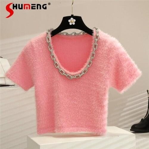 2021 Early Autumn New Fashion Solid Color Loose and Lazy Style Knitted Top Womens Simple O-neck Mohair Short Sleeve Sweater