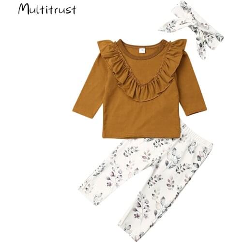 Newborn Baby Girl Fall Clothing Sets Ruffled Collar Shirts Flowers Trousers Headwear 3Pcs Outfits Baby Girl Cotton Sets 0-24M