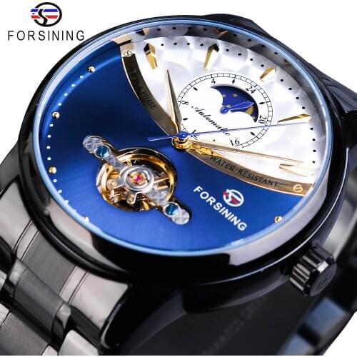 Forsining Automatic Watch Mens Blue Moon Phase Tourbillon Mechanical Watches Black Steel Band Relogio Masculino Waterproof Clock
