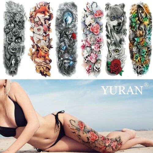 Long Big Full Arm Flash Tattoo For Women Body Leg Art Skull Rose Flower Decals Waterproof Fake Henna Temporary Tattoo Stickers