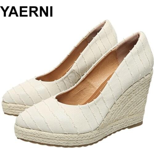 YAERNI Espadrilles Womens Wedge Sandals2021Spring Autumn New Shallow Mouth High Thick-heeled Platform Shoes Womens Straw Woven
