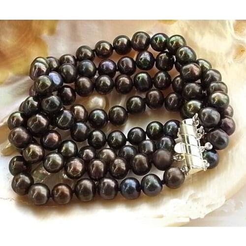 Perfect Women Birthday,Chirstmas Gift Pearl Bracelet,4Rows 8inches 8-9mm Black Freshwater Cultured Pearl Bracelet