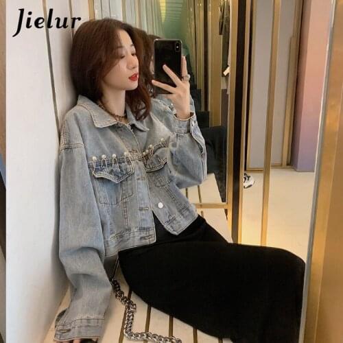 Jielur Denim Jacket Long Sling Dress Two-piece Set Women Sexy Pearls Button Pockets Coat Female 2020 NEW Autumn Winter