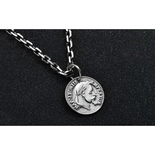 100% S925 Silver Face Coin Pendant Retro Thai Silver European and American Trendy Male Couple Round Simple Face Pendant