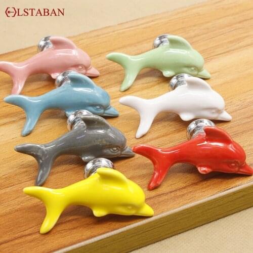 LSTABAN European Cartoon Ceramic Dolphin Handle Cabinet Door Drawer Shoe Cabinet Wardrobe Single Hole Furniture Door Handle