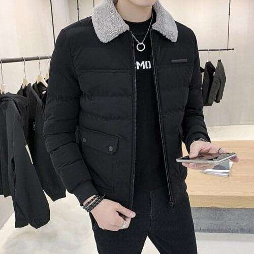 Male Fashion Lamb Feather Lapel Collar Warm Jacket Winter Mens Tooling Style Jacket Korean Slim Thick Hooded Cotton Coat Jacket