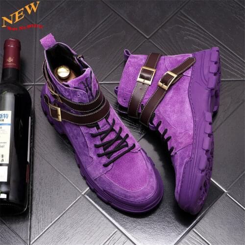 Autumn Fashion Nubuck Leather Men Martin Shoes Purple Punk Motorcycle Ankle Boots Zapatillas Hombre