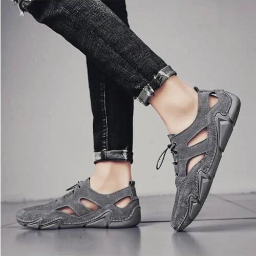 Mens Summer Casual Shoes Leather Mesh Hollowed Out Soft Sole Casual Shoes Fashion Lace Up Antiskid And Breathable Doug Shoes