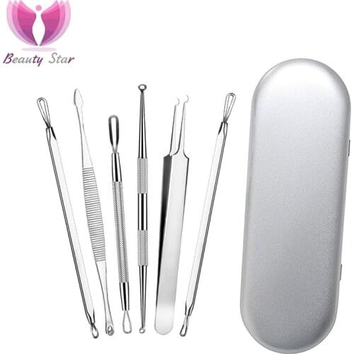 Beauty Star 6pcs Blackhead Comedone Acne Extractor Remover Needles kit Blackhead Removal Tweezers Skin Care Stainless Steel Tool