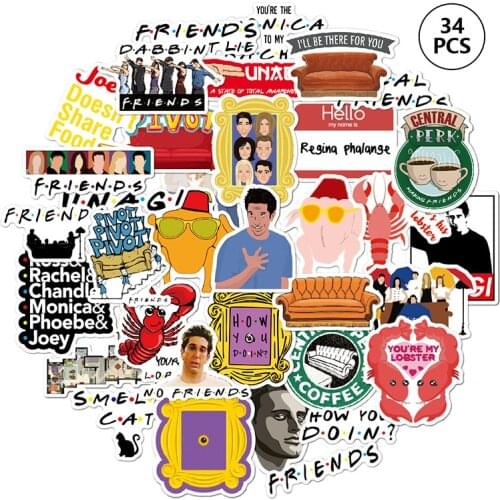 34 PCS Cartoon TV Show Friend Sitcom Stickers For Car Motorcycle Laptop Suitcase Guitar Phone Skateboard Helmet Decal Kids Toys