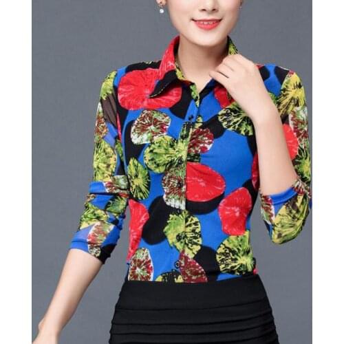 2018 New Fall Spring Fashion Women Printed Floral Pattern Slim Full Sleeve Mesh Blouse Shirt , Casual Female Womens 3XL Blouses