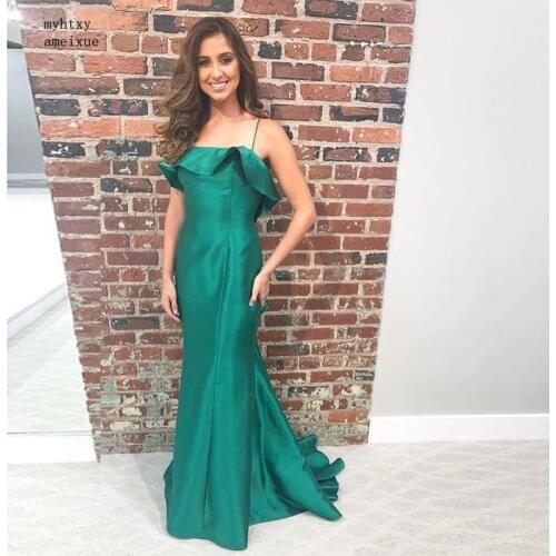 2020 New Arrival Spaghetti Straps Ruffles Evening Dresses Forest Green Mermaid Style Formal Party Dresses Hot Sale Evening Gown