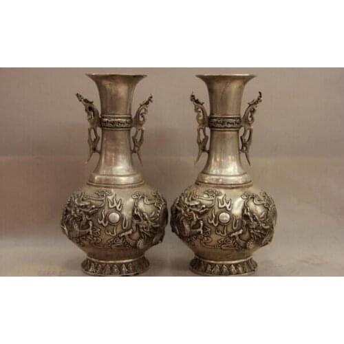 Song voge gem S1581 China White Copper Silver Lifelike God Animal Dragon Play Bead Pot Vase Pair