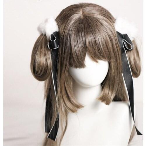 Lolita Double Horsetail Headwear Rabbit Fur Ball Bowknot Tassel Hair Rope Hair Accessories B1628