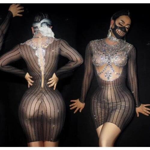 Silver Black Rhinestones Transparent Dress Long Sleeves Bar Women Dancer Show Dress Birthday Outfit Dress