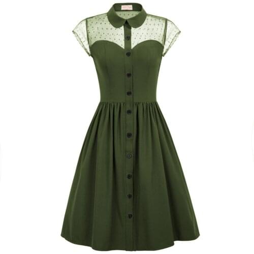 Retro Vintage Womens Causal Cap Sleeve See Through Button Placket A-Line Dress