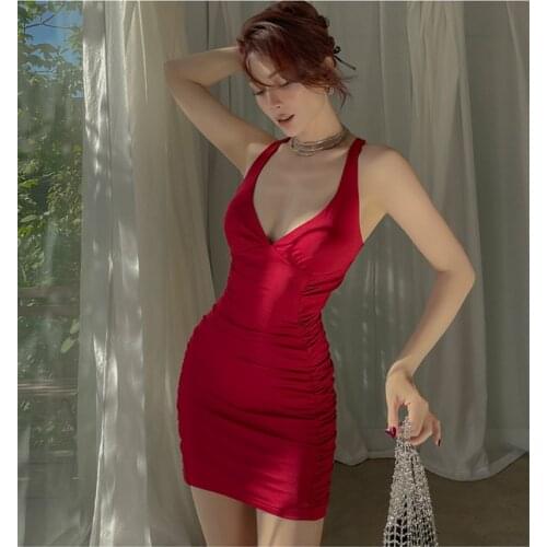 Sexy Summer Red V neck Ruched Mini Bodycon Dress Women Spaghetti Strap Club Party Dress Night Out