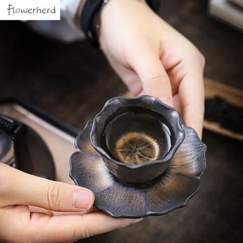 Japanese Style Lotus Ceramic Tea Cup Teaware Kung Fu Tea Set Creative Retro Pottery Teacup with Coaster