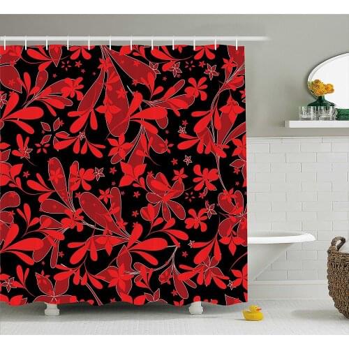 Red and Black Shower Curtain Ethnic Oceanic Island Flowers Petals Leaves Nature Art Print Wall Decoration Hanging Curtains
