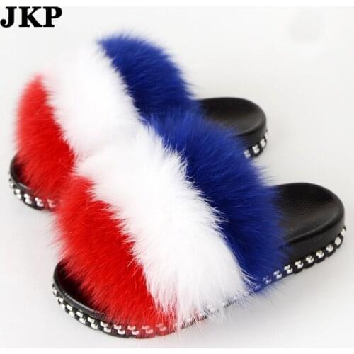 Spring/Summer Fur Slippers Womens Home casual shoes Real Raccoon Fox Fur Cute Plush Flat Sandals Fur Anti-Slip House Shoes TX41