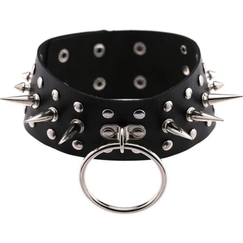 Big Round Leather Choker Women Bondage Wide Choker Collare Goth Chocker Spike Rivet Statement Necklace Maxi Party Jewelry