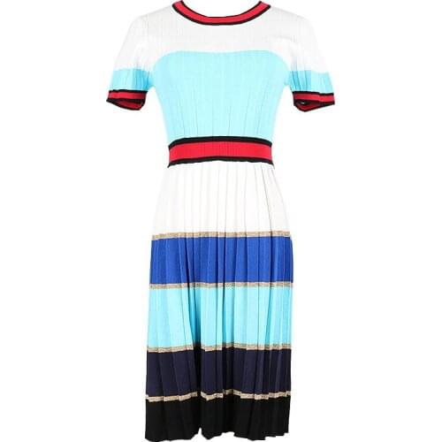 2021 New Runway Knit Pleated Summer Dress Female Fashion Short Sleeve Color Block Striped Chic Dresses For Women Vestidos