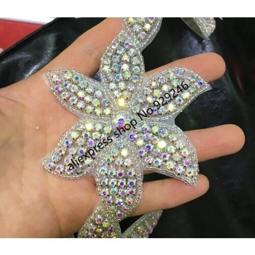 4pcs/lot big flower crystal applique in ab color hotfix dress garment clothing trimmings bridal wedding dress hair decoration