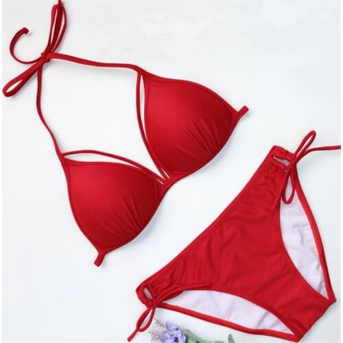 ] 2021 Bandage Women Swimsuit Bikinis Sexy Triangle Beach Biquini red Swimwear Female Bikini Set Push Up Halter top Swim