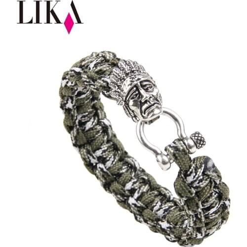 LIKA Mens Handmade DIY Nylon Bracelet Personality Copper Indian Head Shap Cuff Bangles&Bracelets Vintage For Men Charm Bracelet