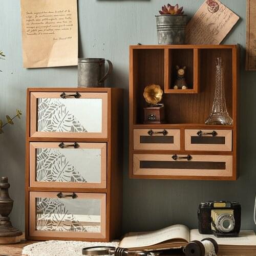 Retro Wooden Desktop Storage Box Cabinet Drawer Type Locker Office Home Desktop Decoration Cosmetic Storage Box Wall Hanging