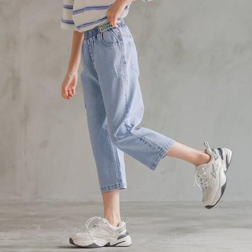 Kids Blue Denim Calf Length Trousers Baby Big Girls Loose Pants Clothes New 2021 Summer Casual Jeans Bottom Children Pant 4-17 Y