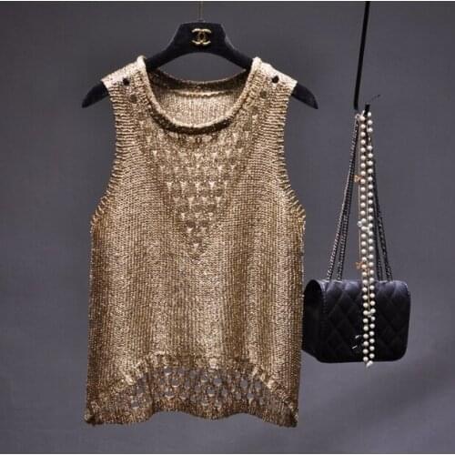 Exclusive personality BINGBING shiny piece hollow vest bright silk sleeveless undercoat J2019020085