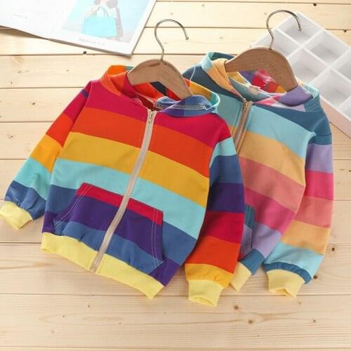 Rainbow Coat Cute Zipper Hooded Rainbow Stripe Jacket Baby Kids Girls Children Coat