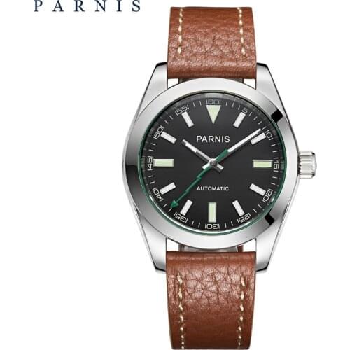 Fashion 40mm Parnis Mechanical Automatic Men Watches Sapphire Crystal Green Leather Miyota 8215 Mens Watch 2019 Man Clock Brand