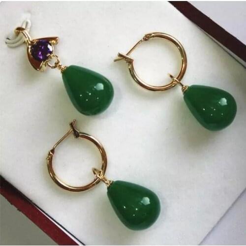 Fashion gold plated set with purple zircon + dark green Malay Jade Pendant + Earring Set Size: 12x16mm